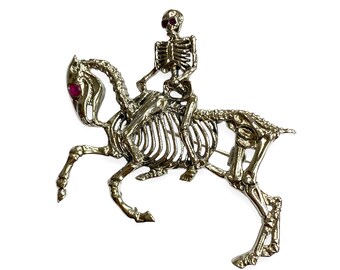 Gothic Style Skeleton Horseman Brooch with Ruby Stones 925 Sterling Silver