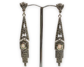 Art Deco Style Gilson Opal and Marcasite Stone Set Pendant and Earrings 925 Sterling Silver