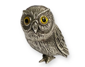 Collectible Victorian Style Owl Figurine with Glass Eyes 925 Sterling Silver