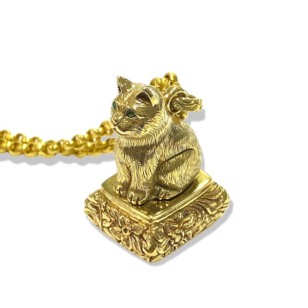 Antique Style Pinchbeck Cat with Emerald Eyes Wax Seal Stamp Letter Fob with Chain
