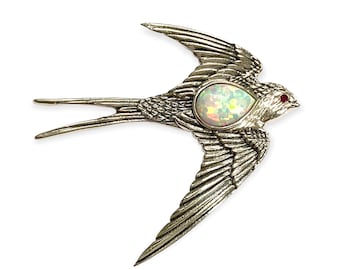Victorian Style Swallow Bird Pin Brooch with White Gilson Opal and Ruby Stone 925 Sterling Silver
