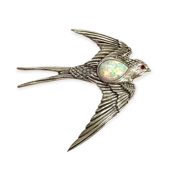 Broche hirondelle de style victorien avec opale de Gilson blanche et pierre rubis en argent sterling 925