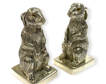 Novelty Hare Pair with Glass Eyes Salt and Pepper Shaker Pots 925 Sterling Silver Plated