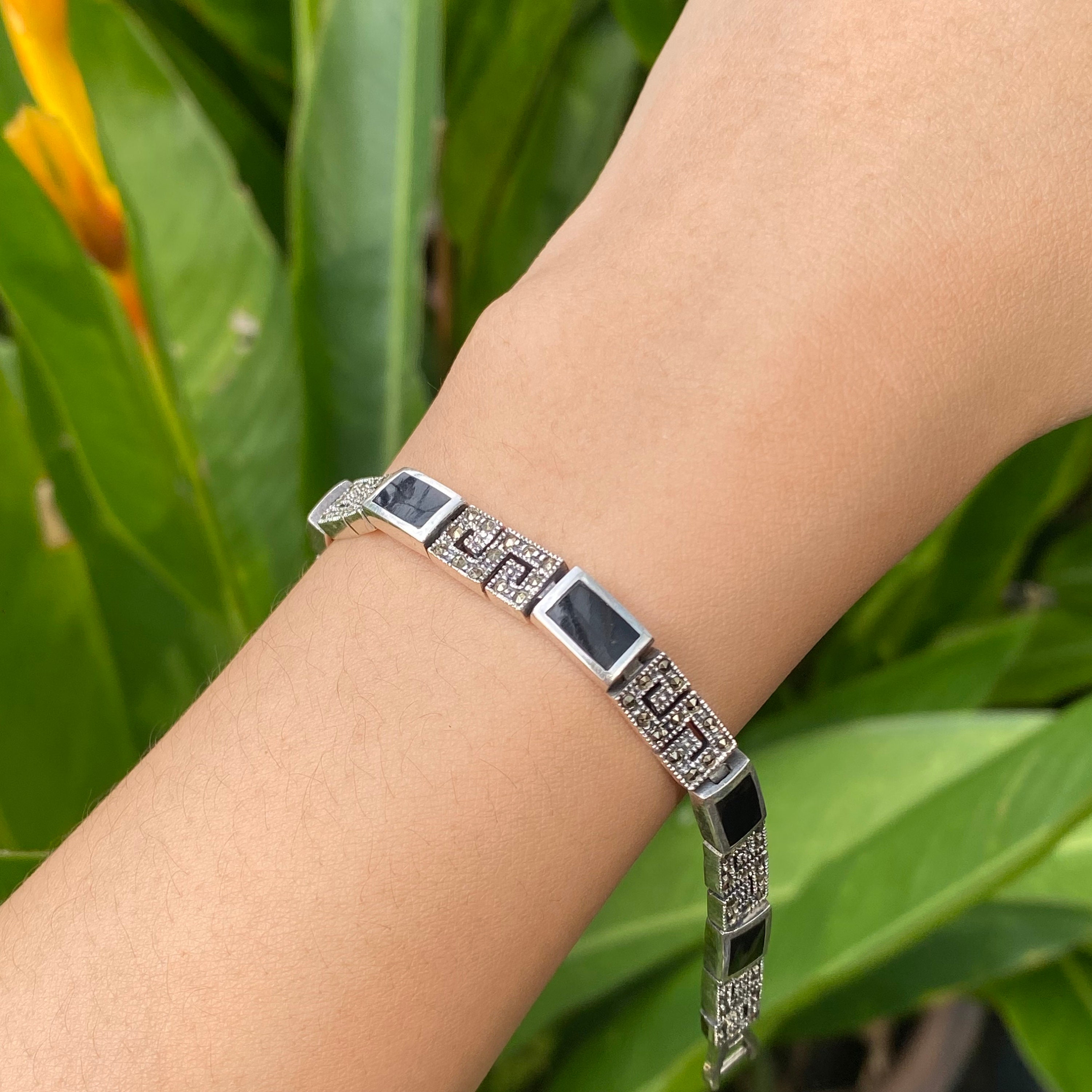 Art Deco Style Greek Key Bracelet With Black Onyx and Marcasite