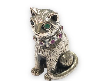 Collectible Victorian Style Sitting Cat with Emerald and Ruby Stone Figurine 925 Sterling Silver