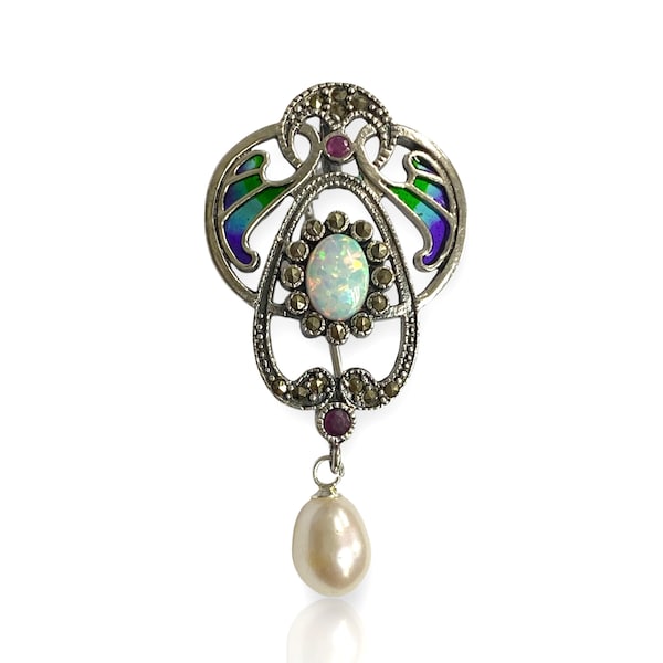 Art Nouveau Style Plique a Jour Enamel Pin Brooch and Pendant with Opal, Ruby, Marcasite and Fresh Water Pearl 925 Sterling Silver