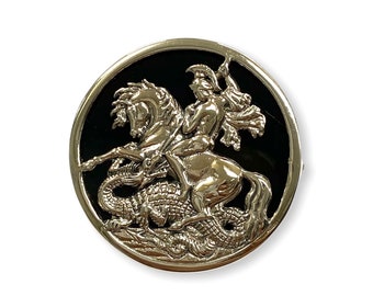 Victorian Style George and Dragon Pin Brooch / Pendant with Onyx Natural Stone 925 Sterling Silver