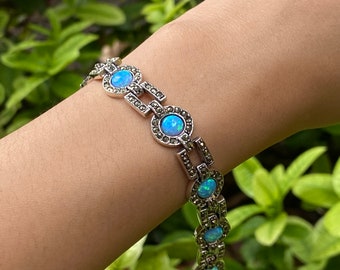 Art Deco Style Quality Light Blue Gilson Opal and Marcasite Stone Tennis Bracelet 925 Sterling Silver