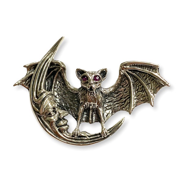 Bat On the Moon Pin Brooch and Pendant  with Ruby Stone 925 Sterling Silver