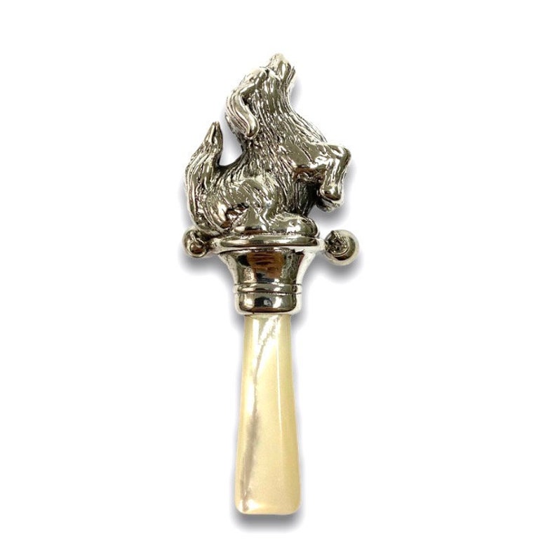 Victorian Style Standing Dog Baby Rattle and Mother of Pearl Handle image 2