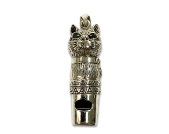 Victorian Style Cat Head with Emerald Eyes Whistle Pendant 925 Sterling Silver