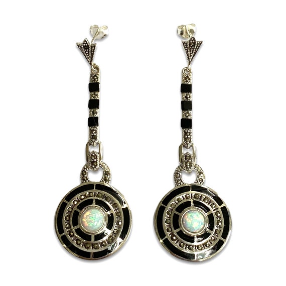 Art Deco Style Green Gilson Opal with Marcasite Stone Spiral Earrings 925 Sterling Silver