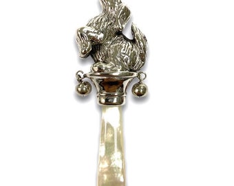 Victorian Style Standing Dog Baby Rattle and Mother of Pearl Handle