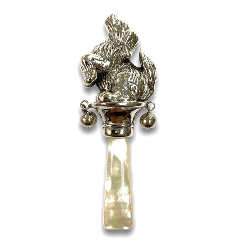 Victorian Style Standing Dog Baby Rattle and Mother of Pearl Handle image 1