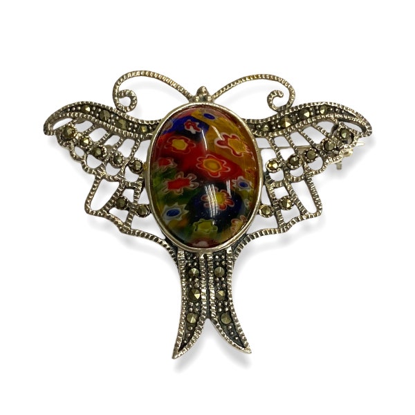 Victorian Style Butterfly Pin Brooch / Pendant with Faux Millefiori Murano Glass and Marcasite Stone 925 Sterling Silver