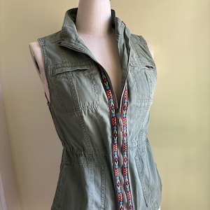 Khaki Green Vest: Southwestern Ribbon Detail, Upcycled Medium Vest