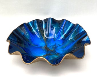 Unique blue and gold iridescent glass bowl, genuine leather back, Mayfair Glassware, Made in Canada, Portage La Prairie Manitoba, 12” x 3.5”