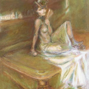 May include: An impressionistic painting of a person in a green dress and top hat, seated on a green and gold table. The artwork has a soft, muted color palette with a focus on the figure's pose and the textures of the fabrics.