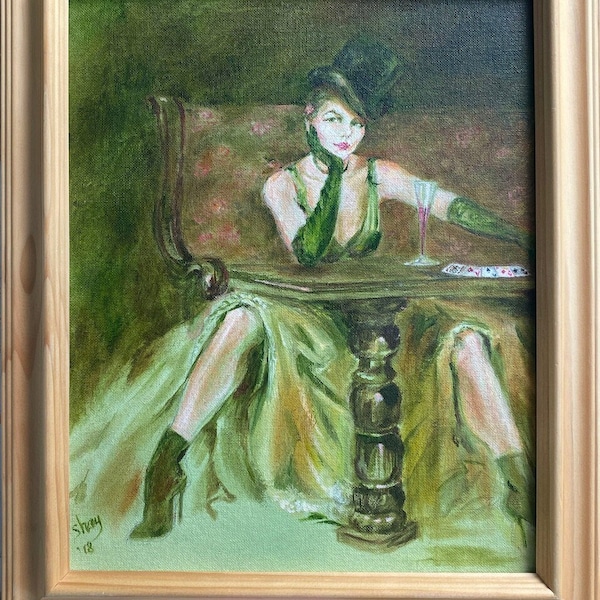 Absinthe Lady/Green Fairy Belle Epoch style Giclée from Oil painting, Like she's out of a Toulouse-Lautrec scene with cards and Top Hat