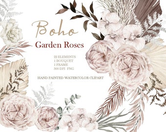 Aquarell Boho Blumen Clipart, Staubrosen Rahmen und Blumensträuße, Boho getrocknetes Blatt, DIY Elemente PNG, handgemaltes Original