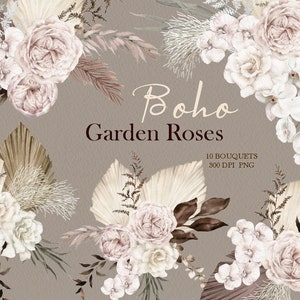 aquarel boho bloemen clipart, stoffige rozen boeketten, boho gedroogd blad, origineel handgeschilderd