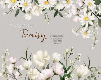 Watercolor Daisy Floral clipart,daisy wreath and Bouquet,spring wildflower,DIY elements PNG