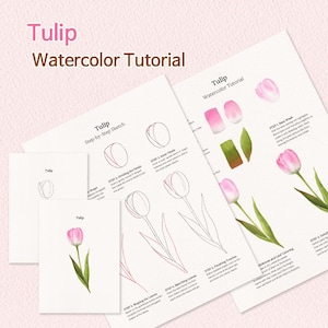 Può includere: Una guida didattica di più pagine intitolata Tulip Watercolor Tutorial, che presenta schizzi passo dopo passo e tecniche pittoriche per creare tulipani rosa con foglie verdi, includendo istruzioni testuali dettagliate per ogni fase del processo.
