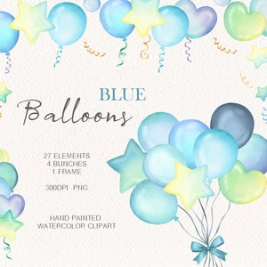 Aquarell Luftballons party Clipart, Babyparty, blaue Luftballons Dekor, original handgemalt, kommerzielle Nutzung