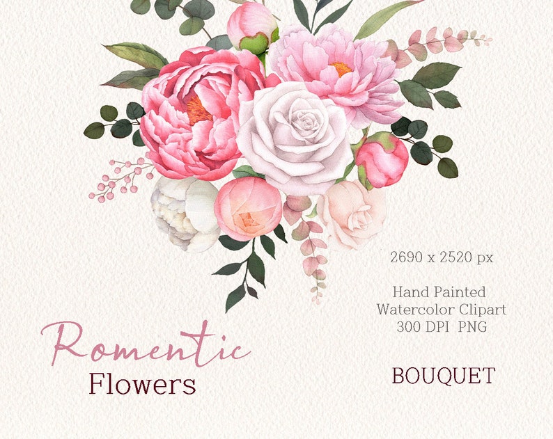 Watercolor flower clipart,pink peony bouquet,Floral arrangements,Wedding Clipart,rose bouquet,Floral Watercolor image 1
