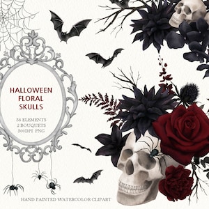 Clipart de Halloween de acuarela, decoración de murciélago, calavera, araña, marco gótico, invitación de fiesta, original pintado a mano