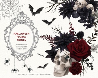 May include: A set of 36 Halloween-themed watercolor clipart elements, including skulls, bats, spiders, and floral bouquets. The floral bouquets feature black and red roses, black dahlias, and other dark foliage. The text "Halloween Floral Skulls" is displayed in a decorative frame.