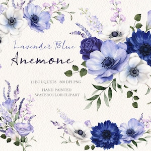 Imágenes prediseñadas de flores de color azul cuervo, ramos florales bohemios de anémona de acuarela, originales pintados a mano