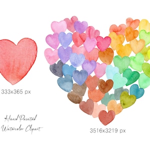 Pu&ograve; includere: Un set di clipart ad acquerello di cuori in vari colori, tra cui rosso, rosa, viola, blu, verde, giallo e arancione. I cuori sono disposti a forma di cuore pi&ugrave; grande. Il set include un singolo cuore rosso grande e un cuore pi&ugrave; piccolo composto da molti cuori pi&ugrave; piccoli.