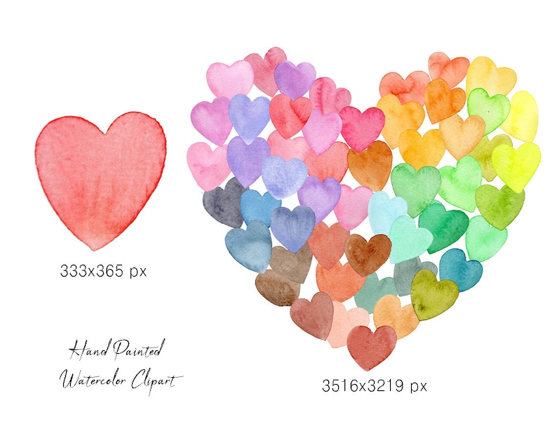 Pu&ograve; includere: Un set di clipart ad acquerello di cuori in vari colori, tra cui rosso, rosa, viola, blu, verde, giallo e arancione. I cuori sono disposti a forma di cuore pi&ugrave; grande. Il set include un singolo cuore rosso grande e un cuore pi&ugrave; piccolo composto da molti cuori pi&ugrave; piccoli.