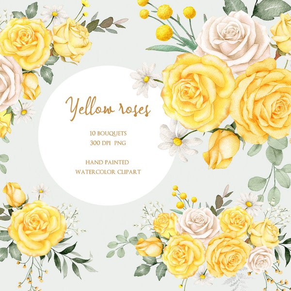 rose jaune Bouquets clipart, aquarelle florale Boho feuille séchée PNG