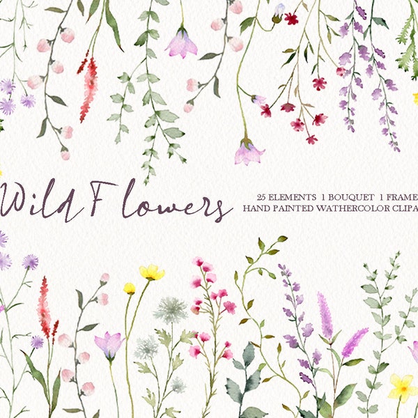 Watercolor wildflower floral clipart,spring flower,garden wreath bouquet