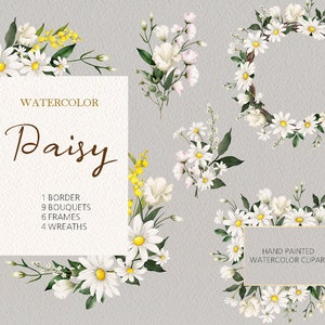 Watercolor Daisy Floral clipart,daisy wreaths wedding Bouquets,spring wildflower frames