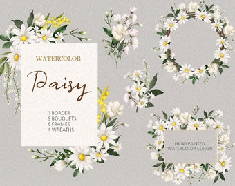 Watercolor Daisy Floral clipart,daisy wreaths wedding Bouquets,original hand painted