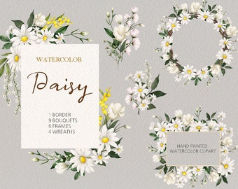 Watercolor Daisy Floral clipart,daisy wreaths wedding Bouquets,spring wildflower frames