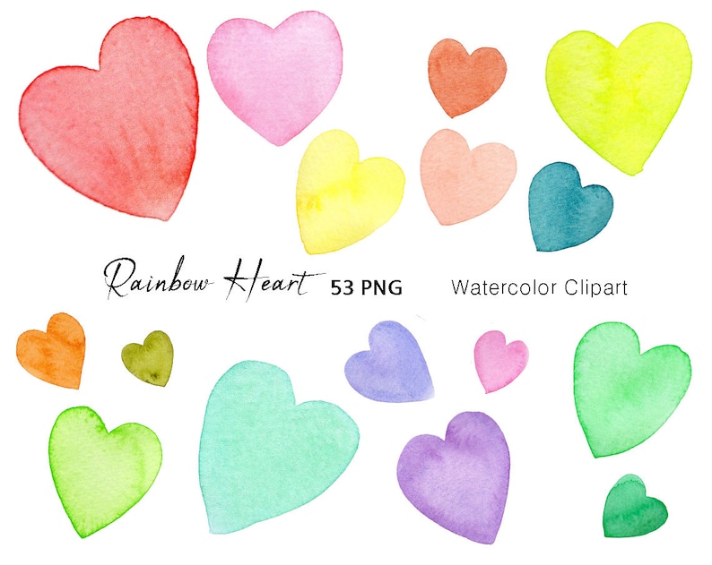 Pu&ograve; includere: Un set di illustrazioni di cuori ad acquerello in vari colori, tra cui rosso, rosa, giallo, verde, blu e viola. I cuori sono disposti in modo casuale su uno sfondo bianco. Il testo "Rainbow Heart 53 PNG Watercolor Clipart" si trova nella parte inferiore dell'immagine.