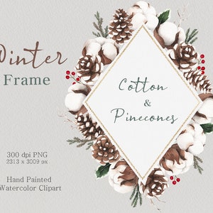May include: A watercolor illustration of a diamond-shaped frame with a gold glitter border. The frame is surrounded by white cotton bolls, pine cones, and sprigs of greenery. The text "Cotton & Pinecones" is written inside the frame.