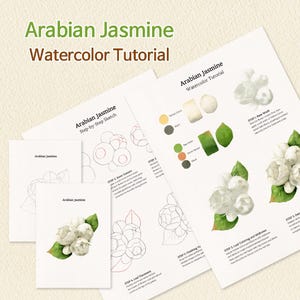 May include: An Arabian Jasmine watercolor tutorial guide featuring step-by-step instructions, line sketches, color swatches, and finished floral illustrations. The pages include text labels for the painting process, showing white flower clusters and green leaves.