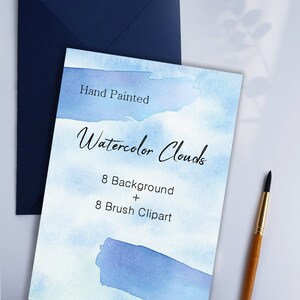 May include: Hand painted watercolor clouds in blue and white tones. The image includes the text "Hand Painted Watercolor Clouds" and "8 Background + 8 Brush Clipart".