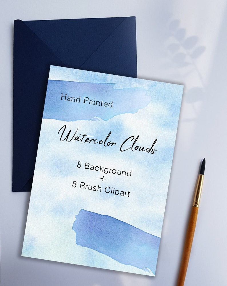May include: Hand painted watercolor clouds in blue and white tones. The image includes the text "Hand Painted Watercolor Clouds" and "8 Background + 8 Brush Clipart".