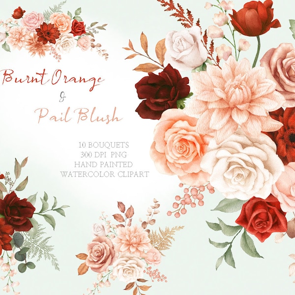 Watercolor Boho Floral Clipart rose burnt orange & pail bouquet blush Bohemian Rustic Bouquet Wedding Invitation