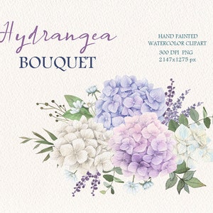 Ramo de hortensias de acuarela clipart, arreglo floral PNG, original pintado a mano