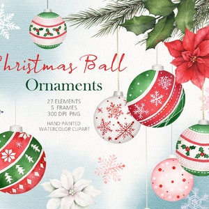 Clipart di ornamenti natalizi, cornici natalizie ad acquerello, biglietti di auguri natalizi artigianali, dipinti a mano originali