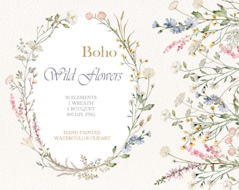 Wildflower watercolor floral clipart,autumn boho flower frame,garden bouquet PNG,original hand painted
