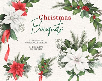 May include: A set of 14 hand-painted watercolour Christmas bouquets. The bouquets feature red and white poinsettias, holly, berries, pine branches, and ribbon. The bouquets are perfect for adding a touch of festive cheer to your home decor.