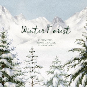 Imágenes prediseñadas de paisaje de acuarela, árbol de bosque de invierno, pinos del bosque, fondo de montaña, invitación de boda PNG, pintado a mano original